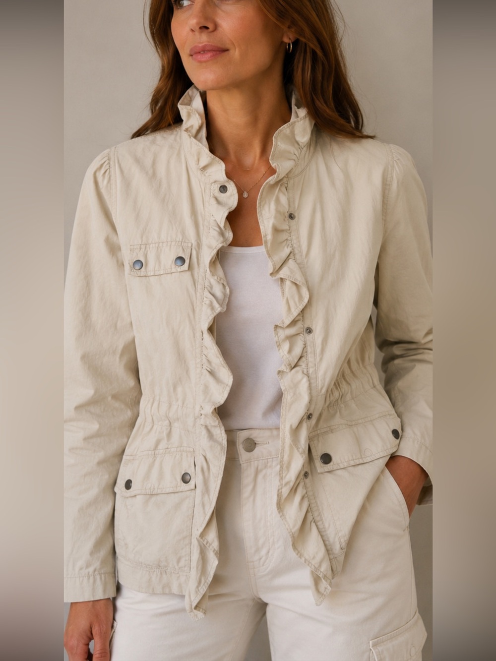 Converse One Star Beige Utility Jacket Womens Size M Ruffle Front Pockets